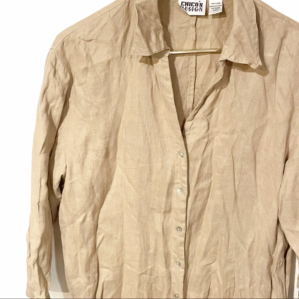 Chicos Size‎ XL Tan Linen Split Sides Button Front Quarter Sleeve Lagenlonlook - Image 2