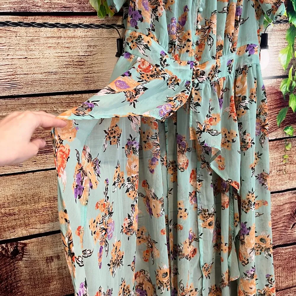 Boutique Maxi Dress Sz 1X Floral High Low Sheer Floral Boho Ruffle Short Sleeve - Image 3