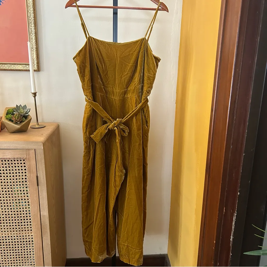 J. Crew 365 Marseille Crushed Velvet Jumpsuit Wide Leg Cropped Belt Gold 12P - Image 3