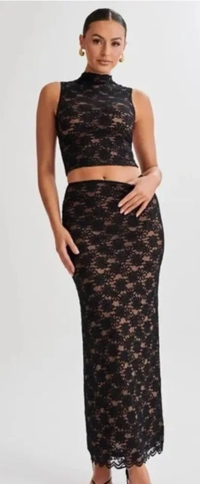 Meshki ELSKA Lace Maxi Skirt Size XL Pull On Formal Wear Black Lined Comfy - Image 1