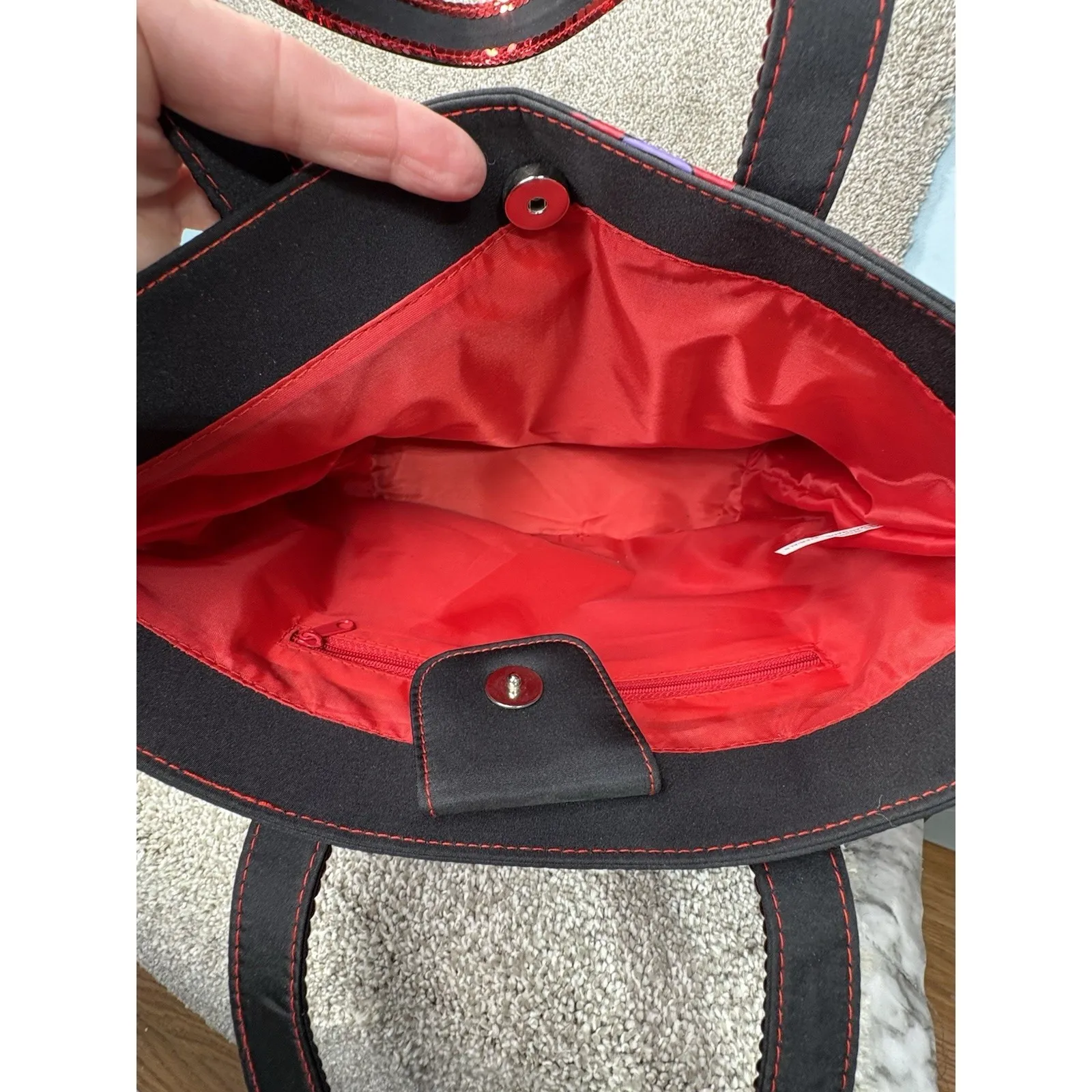 Red Hat‎ Society Tote Bag Black Red Sequin Trim Large Shoulder Bag 16x13x6 - Image 3