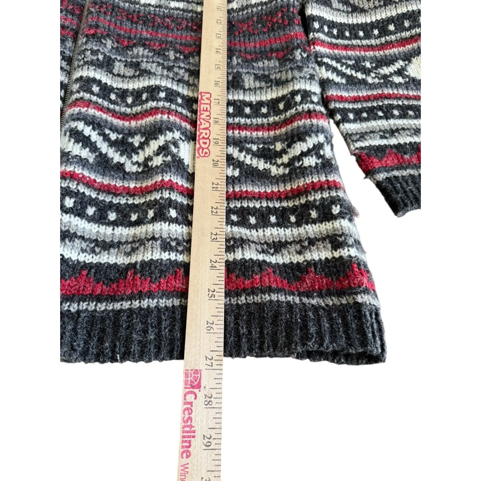 BASH Full Zip Knit Sweater Jacket L Nordic Fair Isle Pattern Gray Red Wool Blend Size L - Image 6