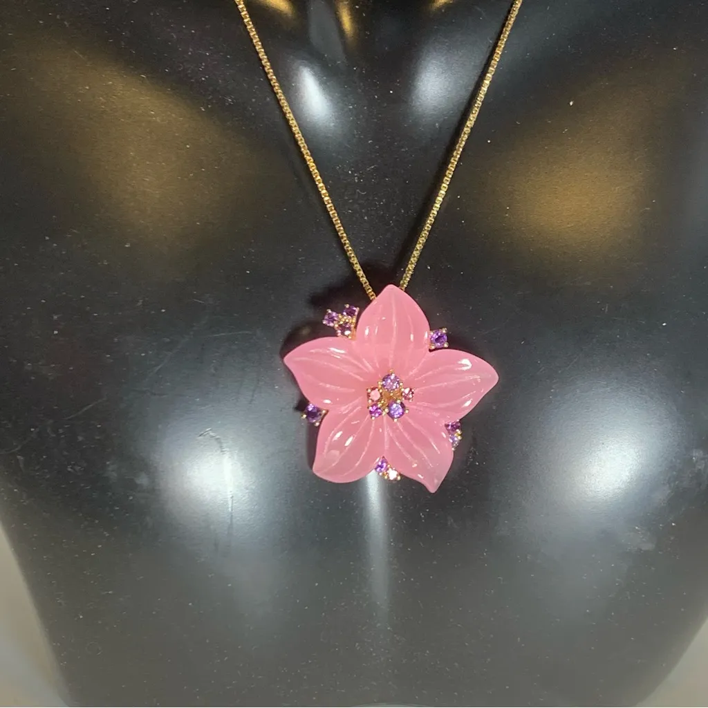 VINTAGE PINK QUARTZITE & AMETHYST GOLD TONE STERLING SILVER 925 PENDANT - Image 6