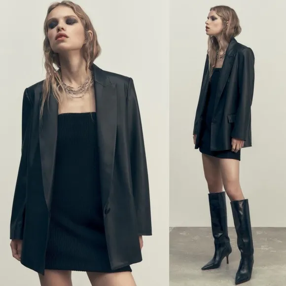 Zara STRAIGHT CUT FAUX LEATHER BLAZER Black Size XS NEW - Image 2