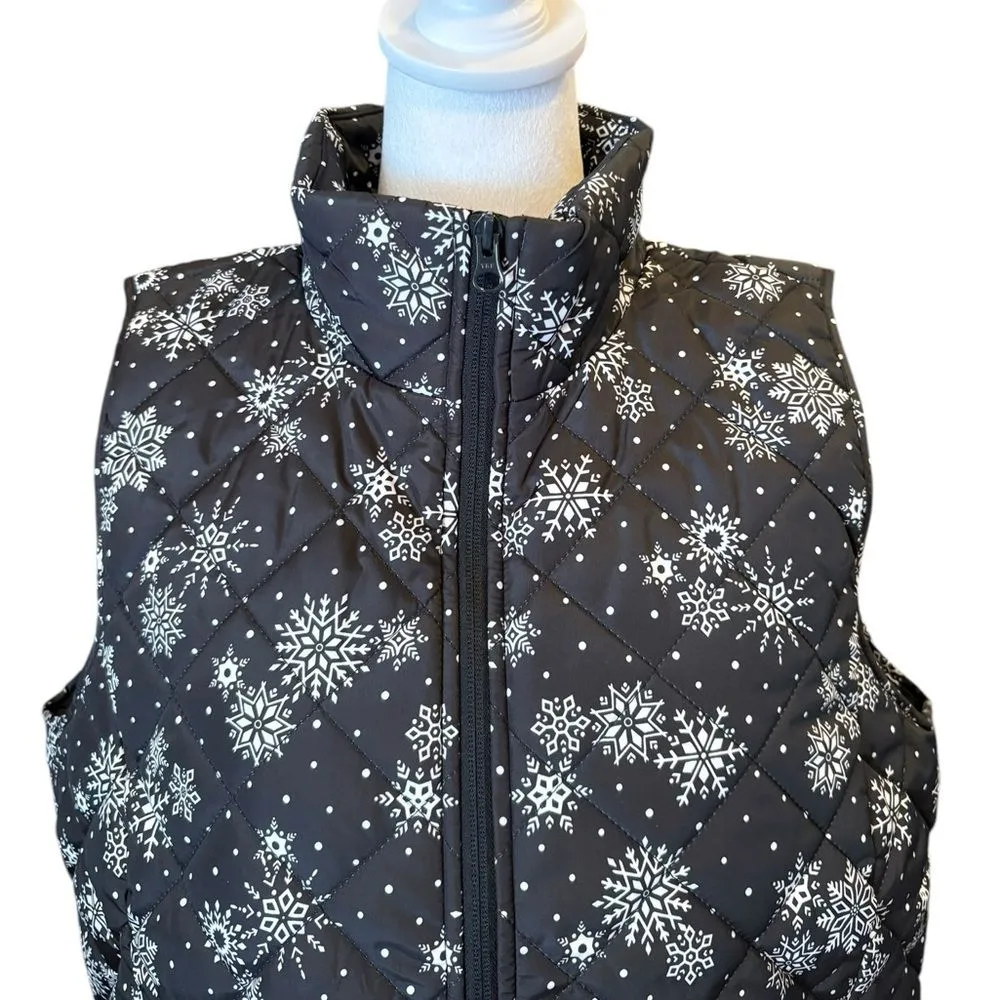 Lands End Insulated Vest Black White Snowflakes Womens Size Medium Petite New - Image 4