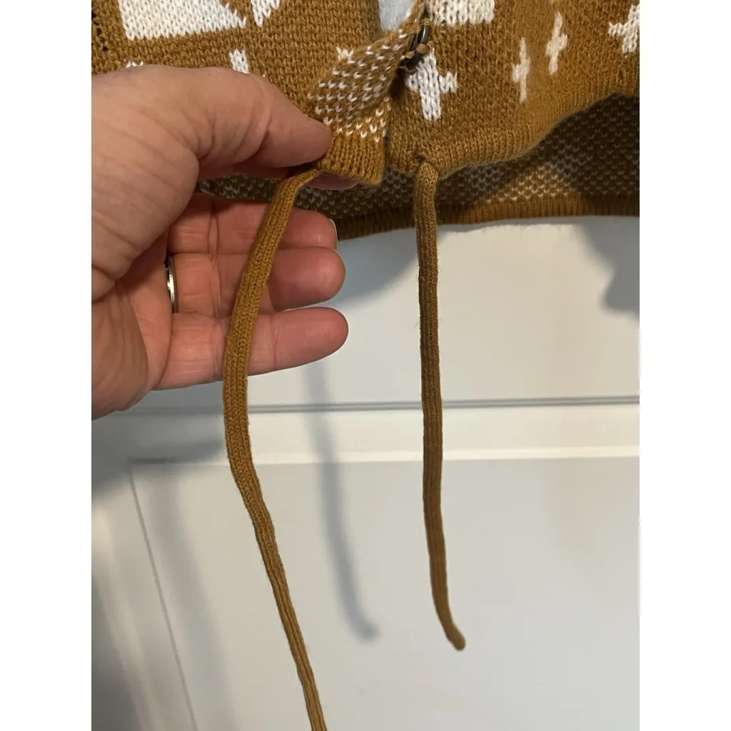 Hooded Sweater Geometric Knit Womens Size Medium Brown White Pull Over Cowl Neck - Image 5