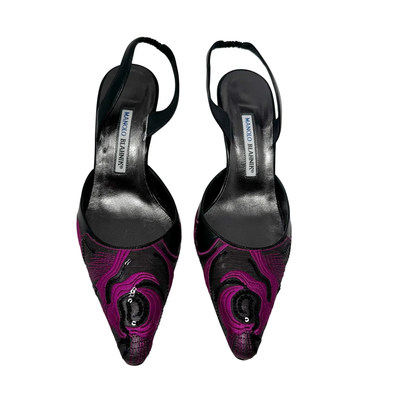 Manolo Blahnik Embroidered Slingback Pumps Black Pink Sequin Pointed Toe 41 - Image 2