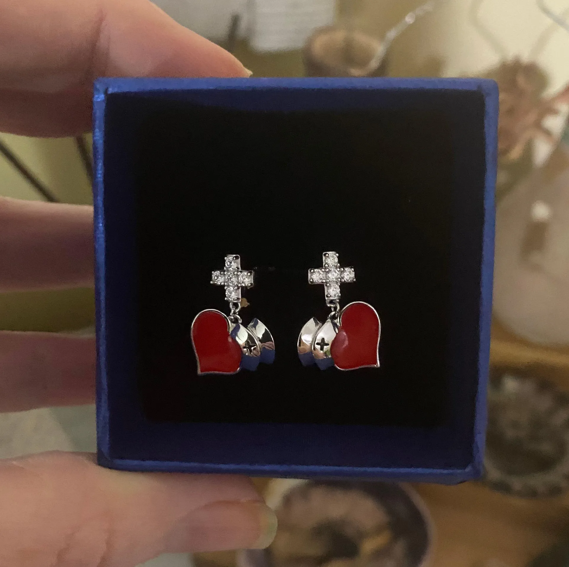 Nurse Cap CZ Cross Red Heart Sterling Silver Earrings - Image 2