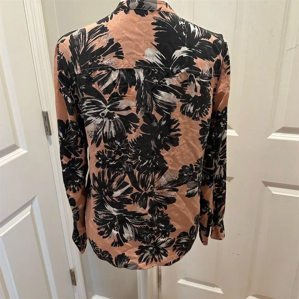 Rebecca Taylor Women's Silk Floral Print Long Sleeve Henley Top Pink Size 2 - Image 4