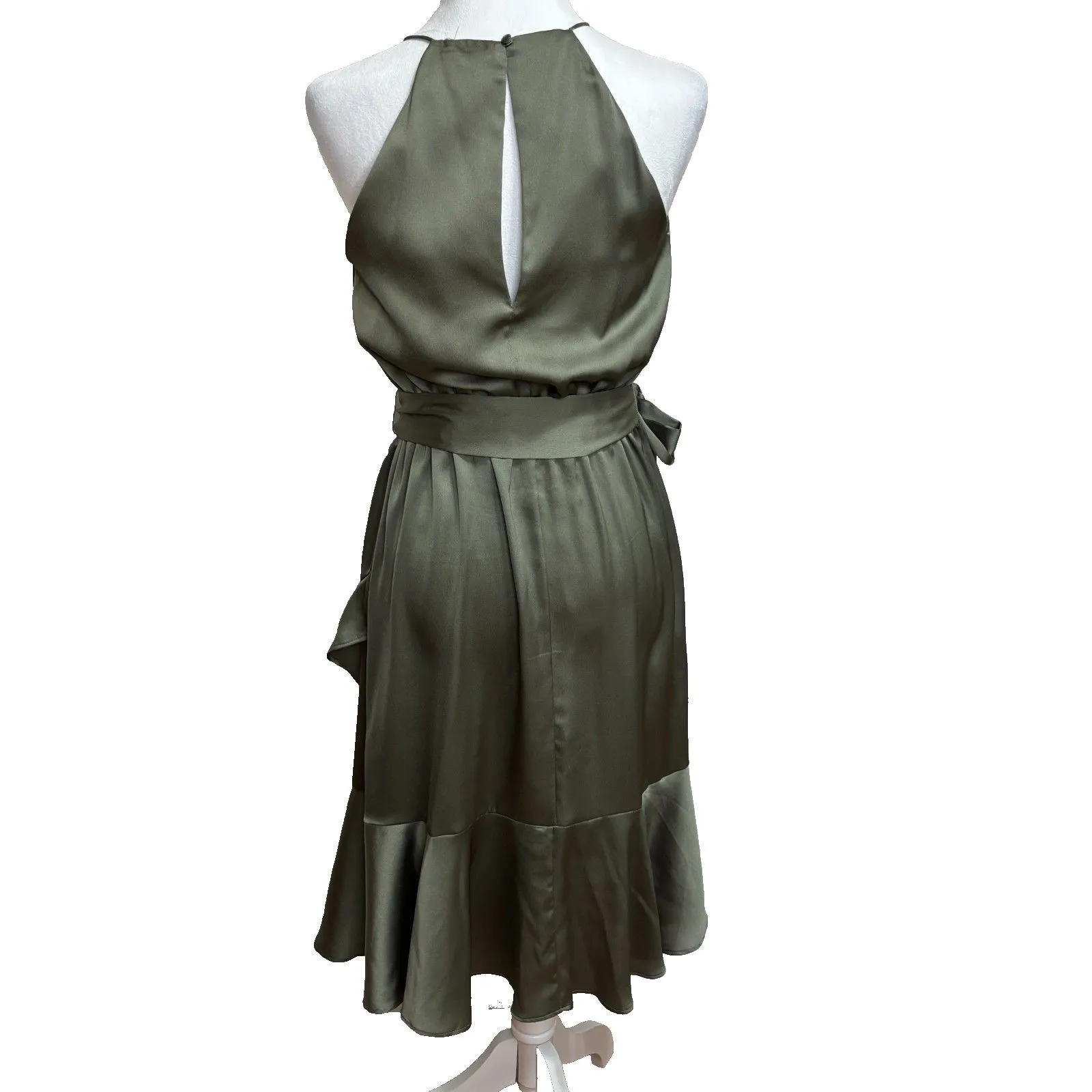 JLo Satin Halter Dress Womens S Olive Green Wrap Skirt Romantic Chic Wedding - Image 3