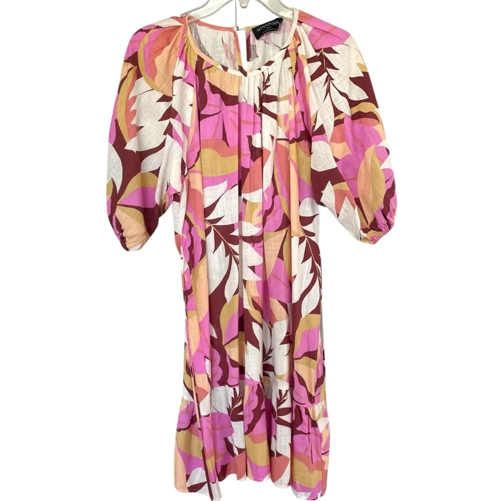 MINKPINK Kali Mini Dress Linen Blend Floral Lightweight Tie Waist - Image 3