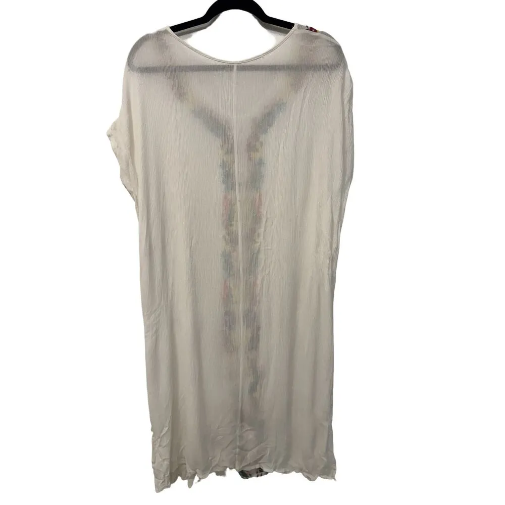 White Gauzy Cotton Floral Kaftan Swim Cover Up Beach Vacation Pool One Size Size undefined - Image 3