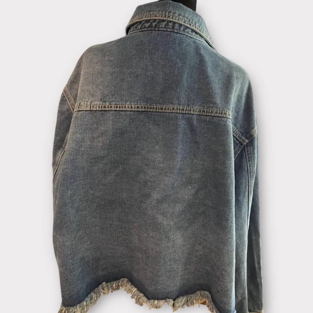 Jean Jacket Embellished Jeweled Fringed Bottom Size 1X Blue - Image 2