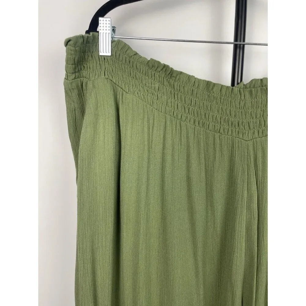 CATHERINES Olive Green Elastic Smocked Pull On Gauze Flowy Pockets Pants Size 3X - Image 2