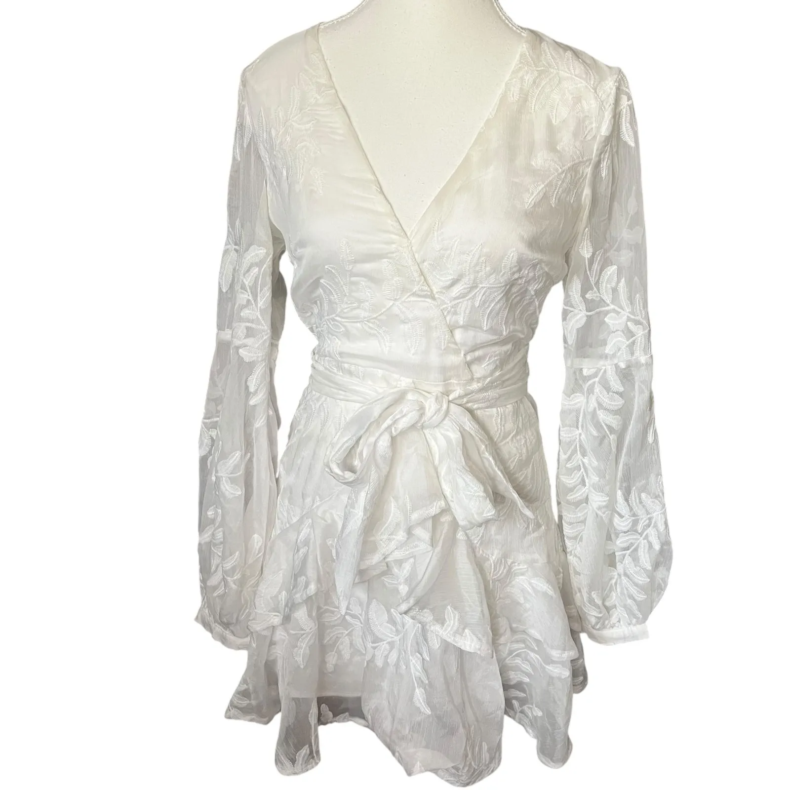 Hello Molly White Floral Embroidered Sheer Long Sleeve Ruffle Mini Dress Sz S‎ - Image 2
