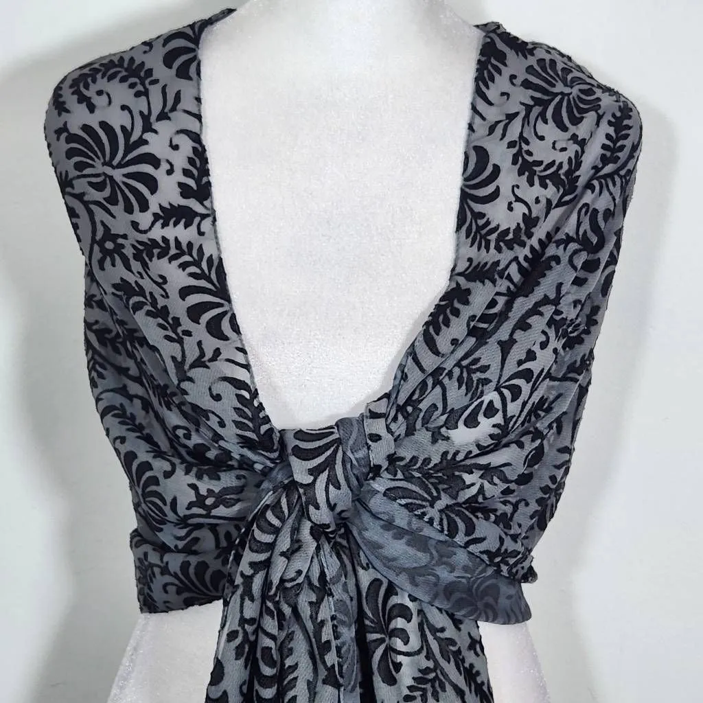 Cejon Black and Gray Textured Wrap One Size Sheer Scarf with Black Leaf Pattern - Image 2