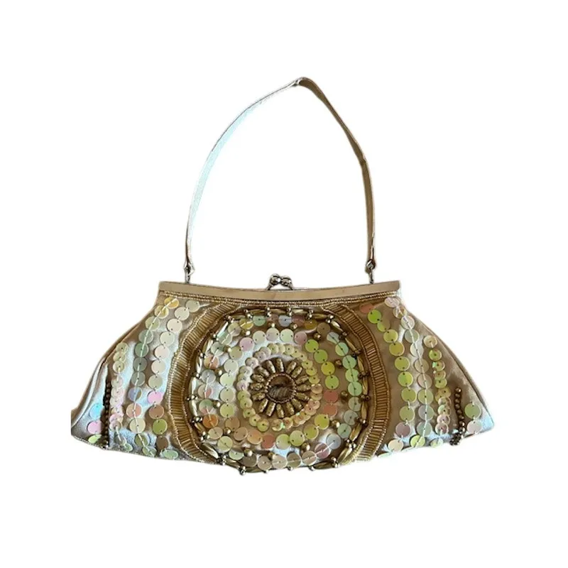 Bijoux Terner Beaded Sequin Evening Bag Champagne Gold Satin Purse Y2K - Image 2