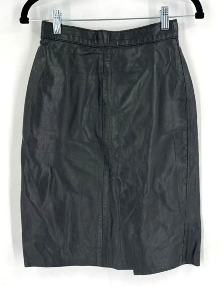 Vintage Vanity Fur Co Women's Leather Flat Front Mini Pencil Skirt Black Size 9 - Image 1