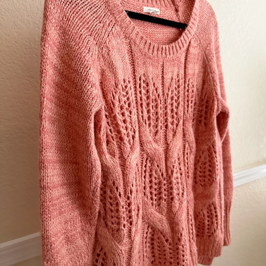 Soft Knit Textured Open Weave Cozy Scoop Neck Sweater Pink Layering Top Large - Image 5