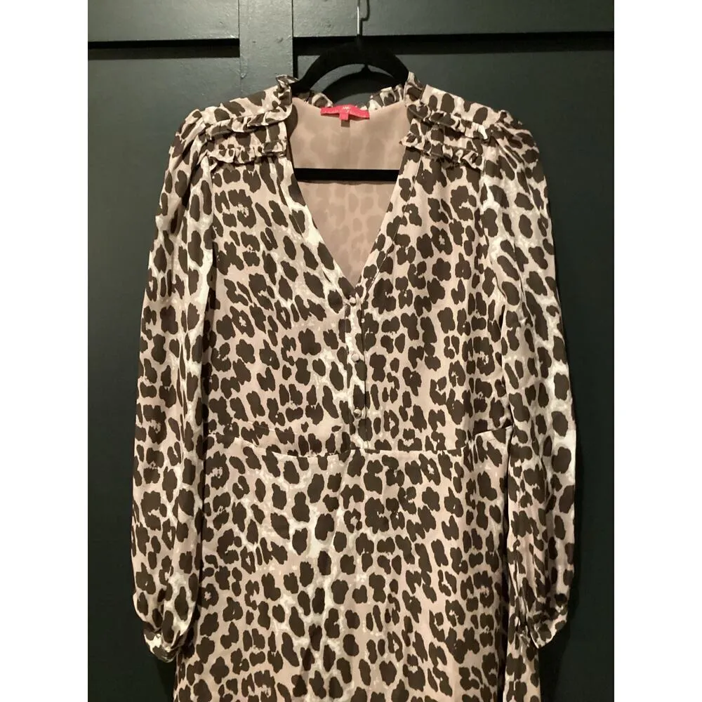 Elaine Turner Leopard Long Sleeve tunic Swing knee length silk Dress V Neck S - Image 16