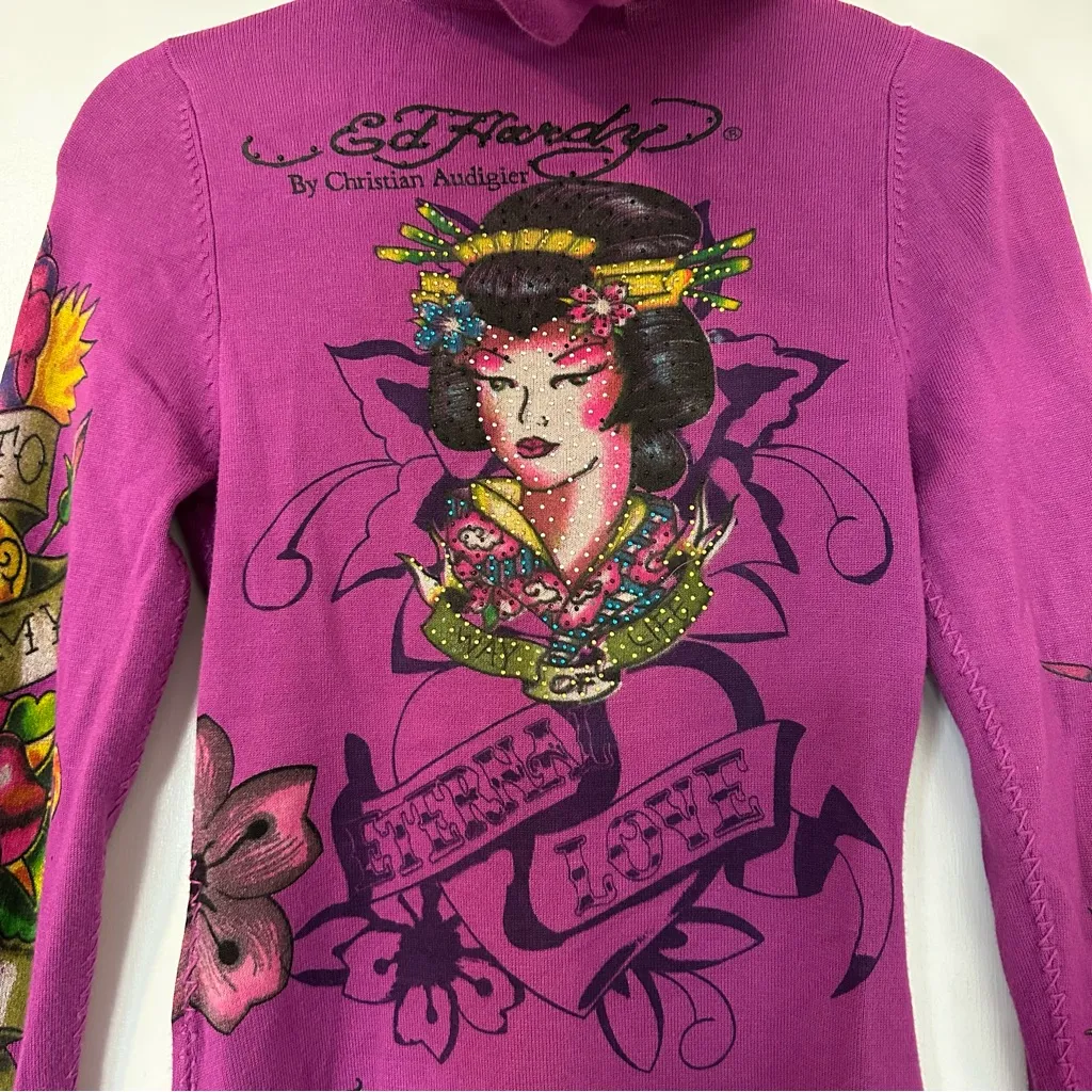 Ed Hardy Y2K Eternal Love Dagger Geisha Zip Front Hooded Cardigan Sweater XS - Image 7