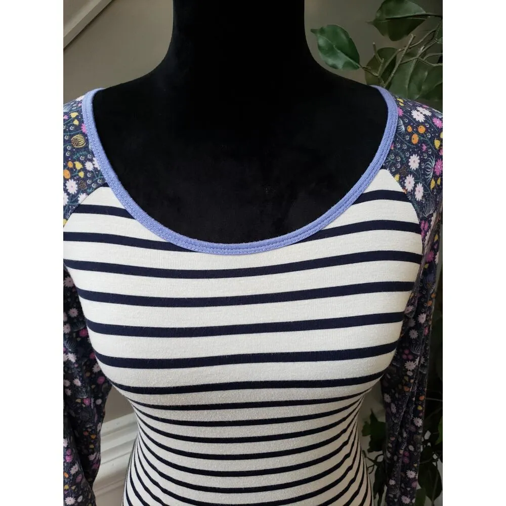 Matilda Jane Top Women M White Navy Striped Floral Sleeve Long Tunic Shirt - Image 5