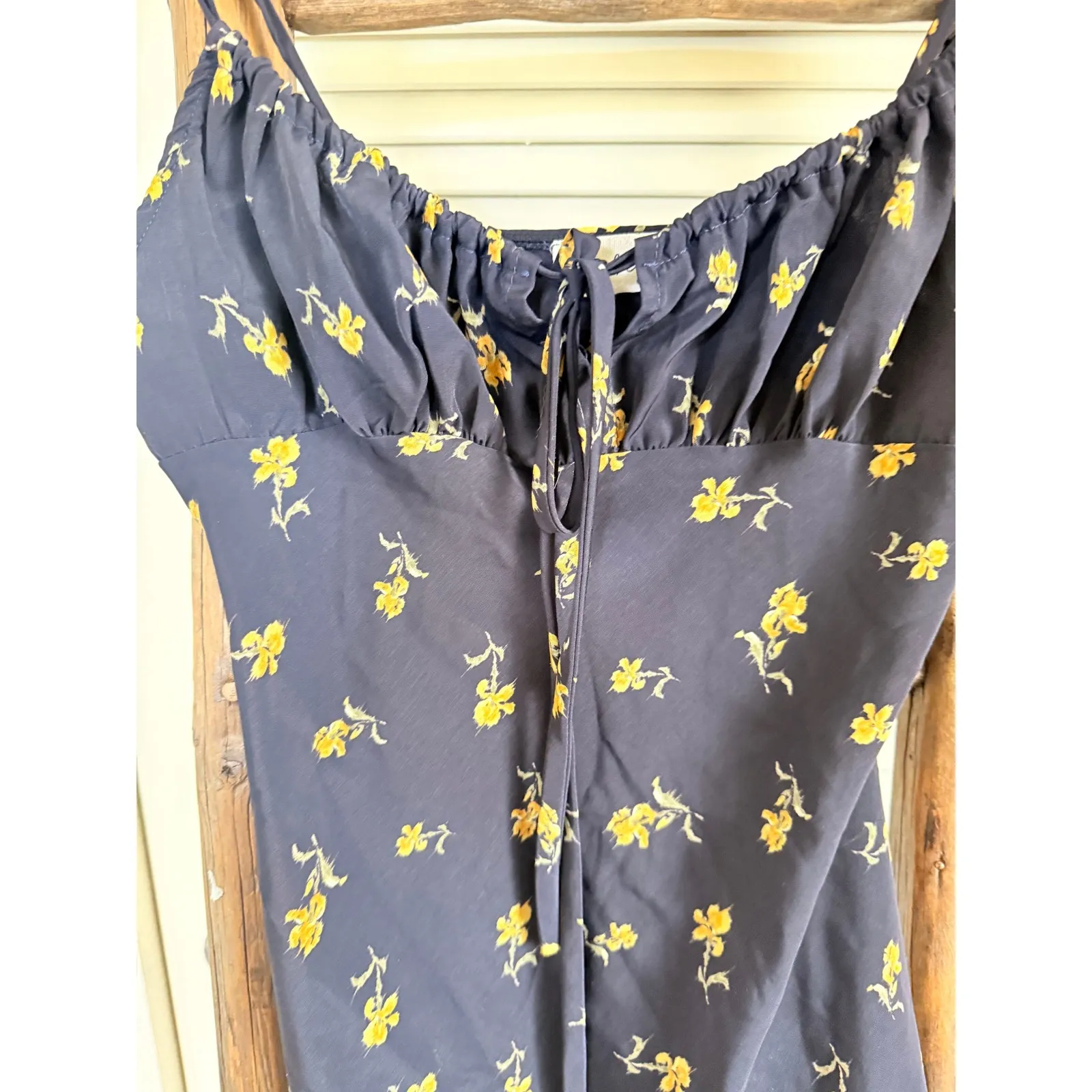 Audrey 3+1 Floral Mini Dress Navy Yellow Tie Front Sleeveless Summer Casual XS - Image 3