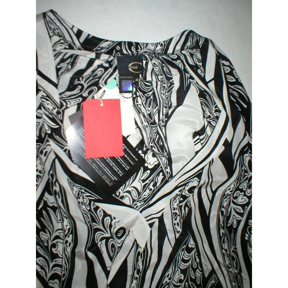 New NWT Womens 10 Italy Designer Silk Blouse Just Cavalli 46 Black White Bell - Image 7