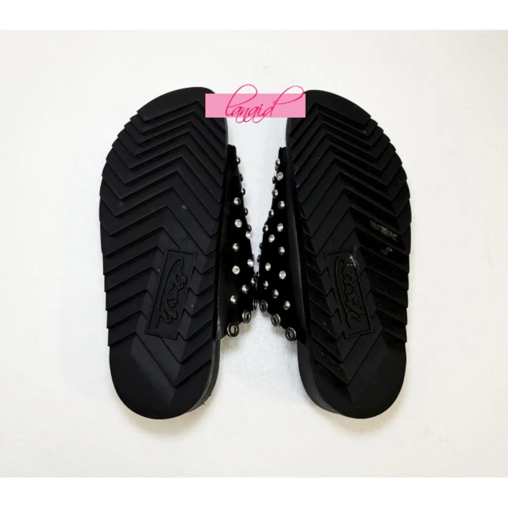 Ash Universe Slide Sandal Black Leather Studded Crystals Birks Flats Edgy Gothic - Image 11