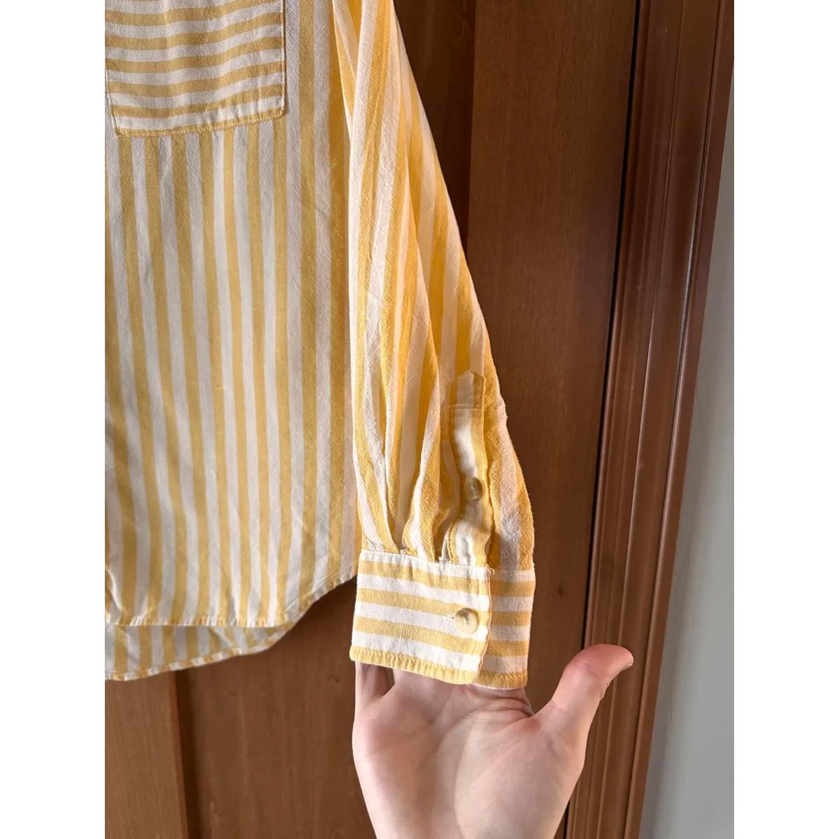 Marine Layer Jane Relaxed Linen Shirt Yellow/ White Striped Women’s size Medium - Image 5