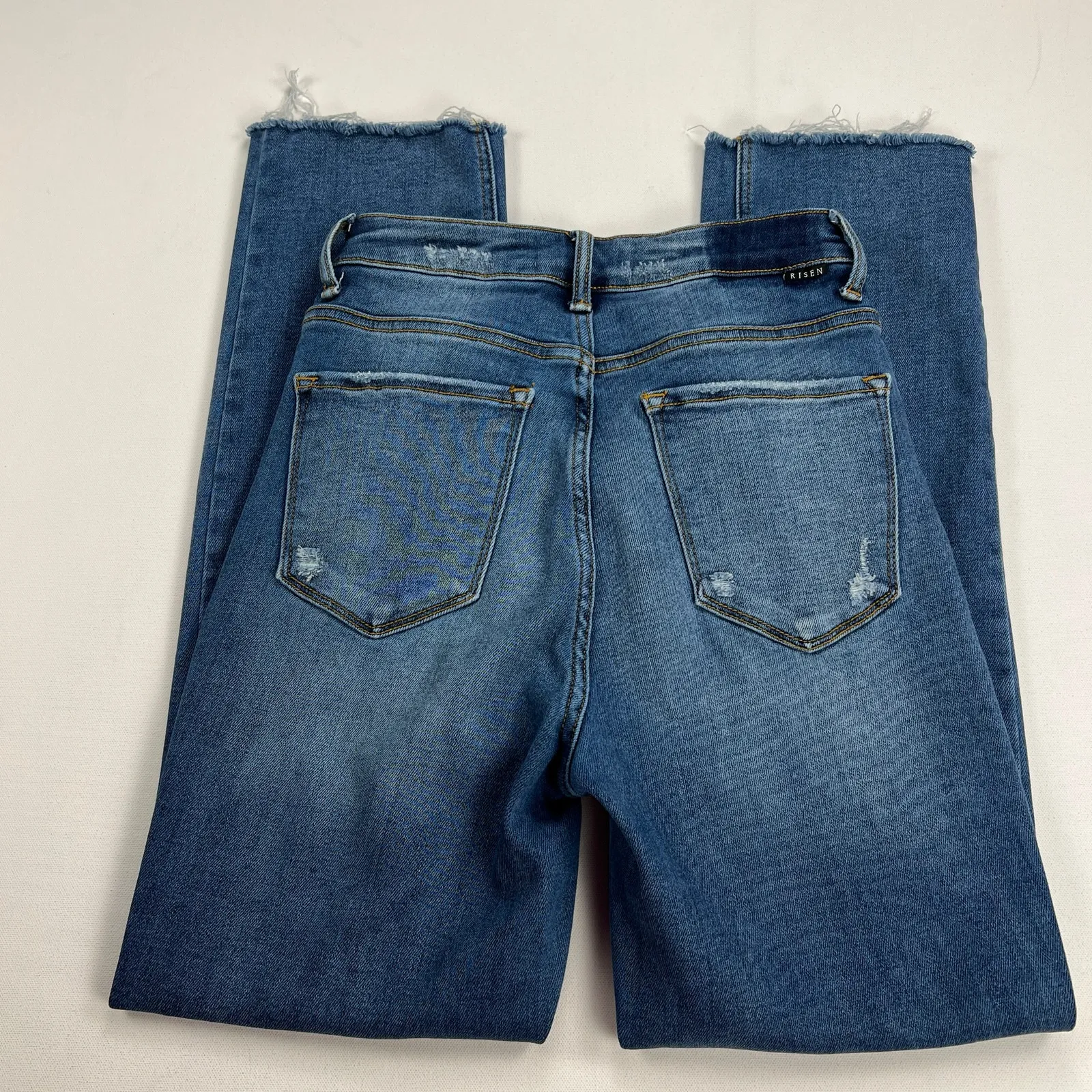 Risen Jeans High Rise Crossover Distressed Straight Leg Jeans RDP5333 Size 1/25 Blue - Image 4