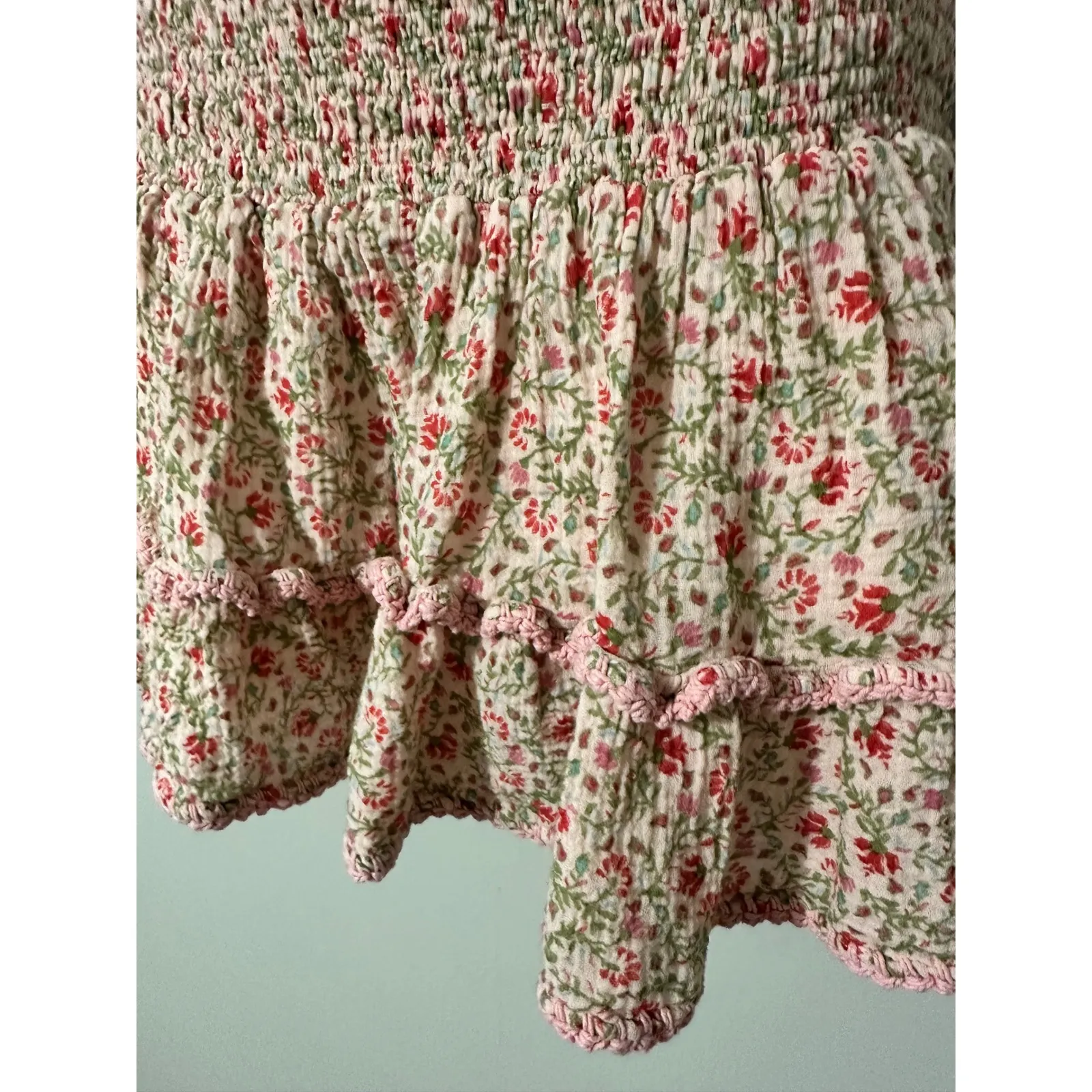 SHE MADE ME Smocked Floral Mini Skirt Ruffle Trim Pink Green Boho Beach XS S Size M - Image 3