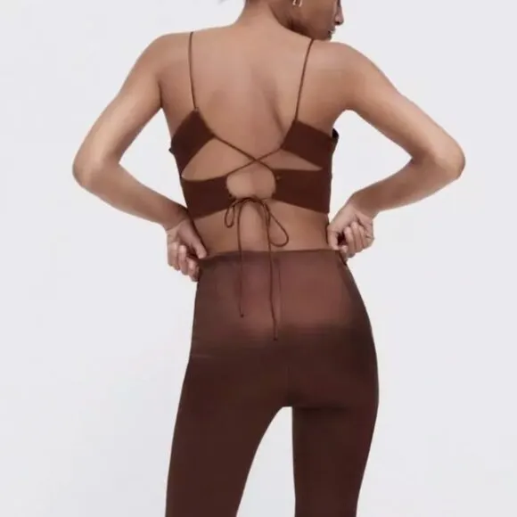 Zara Crop Tank Top satin effect criss cross back Womens Brown (medium) going out - Image 2