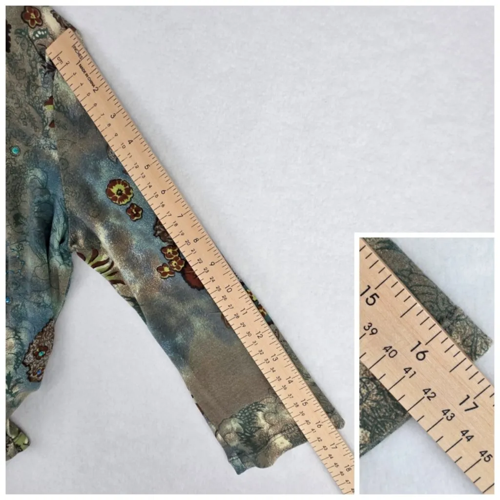 Classic Elements Womens Floral Top with Rhinestone Size Small Brown Blue Green - Image 8