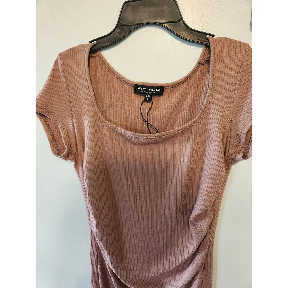 See You Monday Size L Brown Ribbed Squareneck Neck T-shirt Dress - Image 2