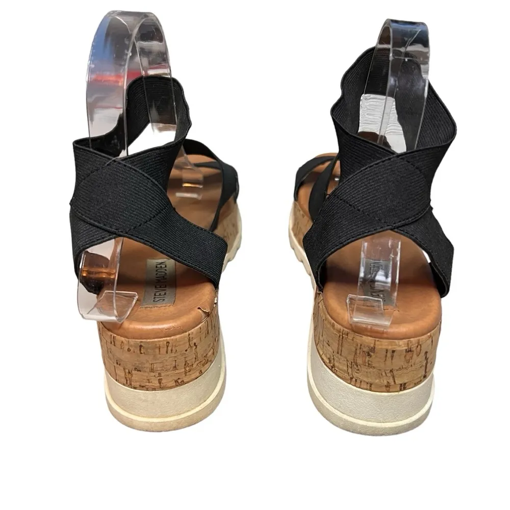 Steven Madden Beladonna Women's Black Strappy Sandals Stretch Cork Platform - Image 4