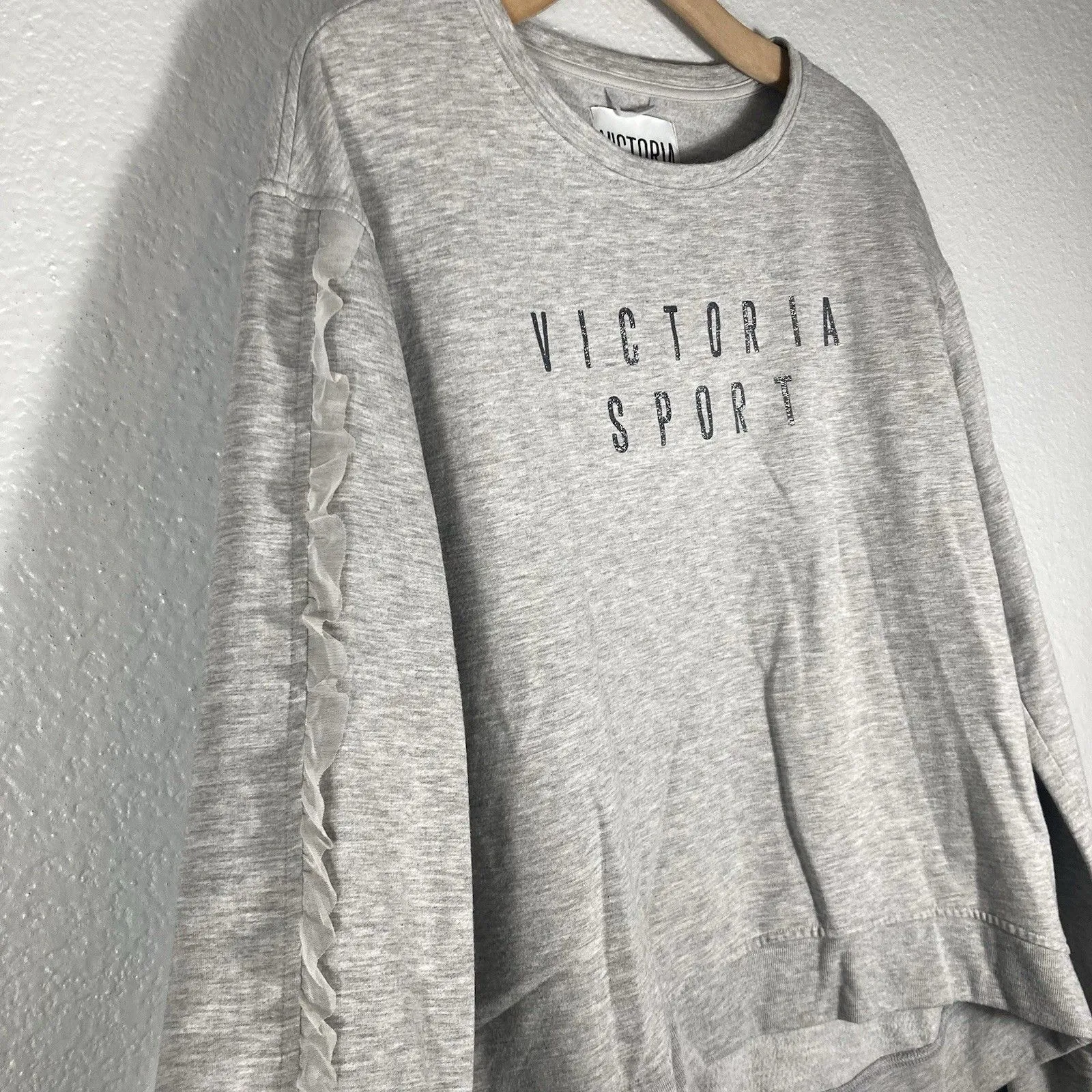 Victoria Sport Cropped Oversized Sweatshirt Women L Gray Glitter Graphic Ruffle - Image 7