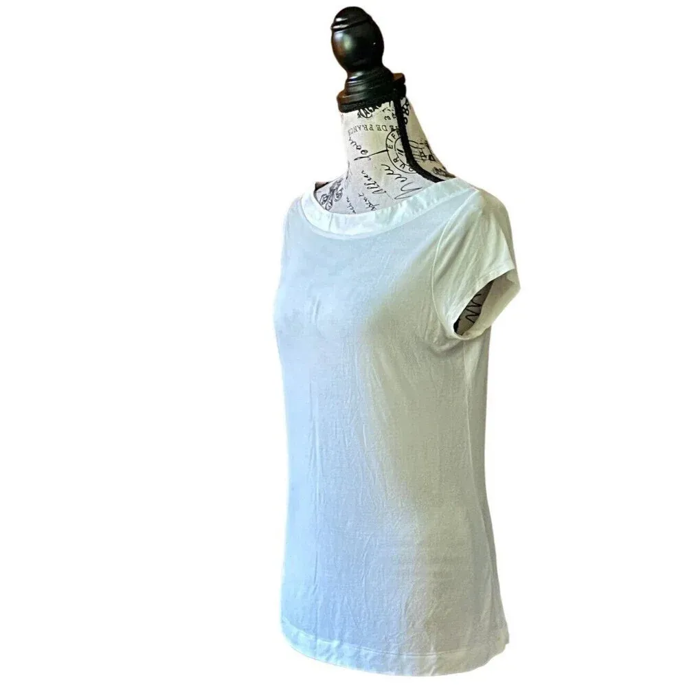 BCBGeneration Ivory Boatneck Satin Trim Top L | Semi Sheer Balletcore Minimalist - Image 3
