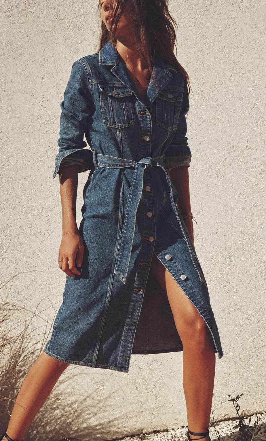denim jean dress midi button up long sleeve waist tie - Image 3