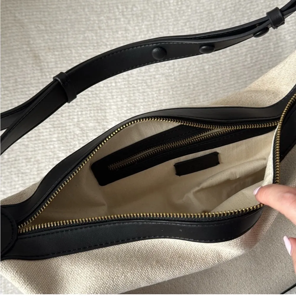 Zara linen off white ecru & black trim contrast oval crescent shoulder bag purse - Image 6