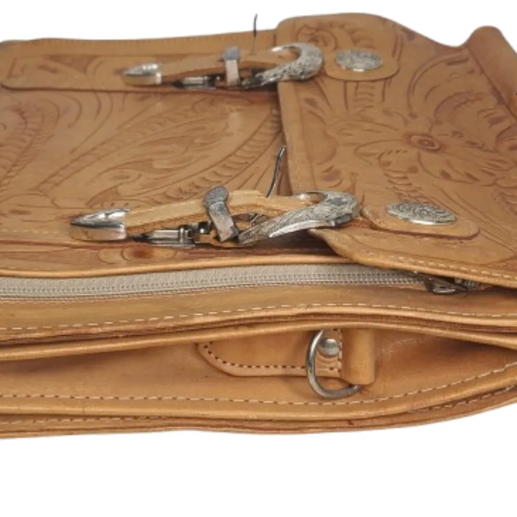 Force Ten Classic Tooled Floral Boho Leather Briefcase‎ Tan - Image 5