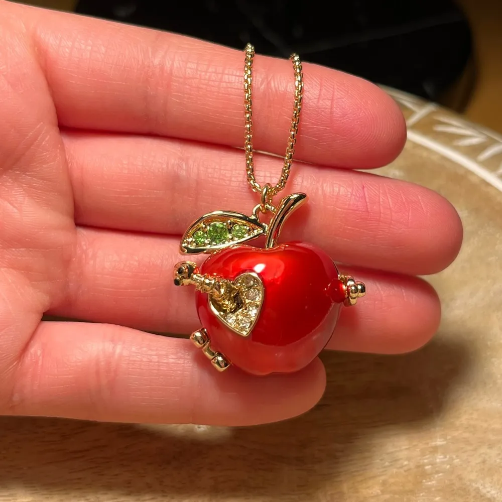 Gold Tone Back To School Red Apple Worm Locket Pendant Necklace - Image 12