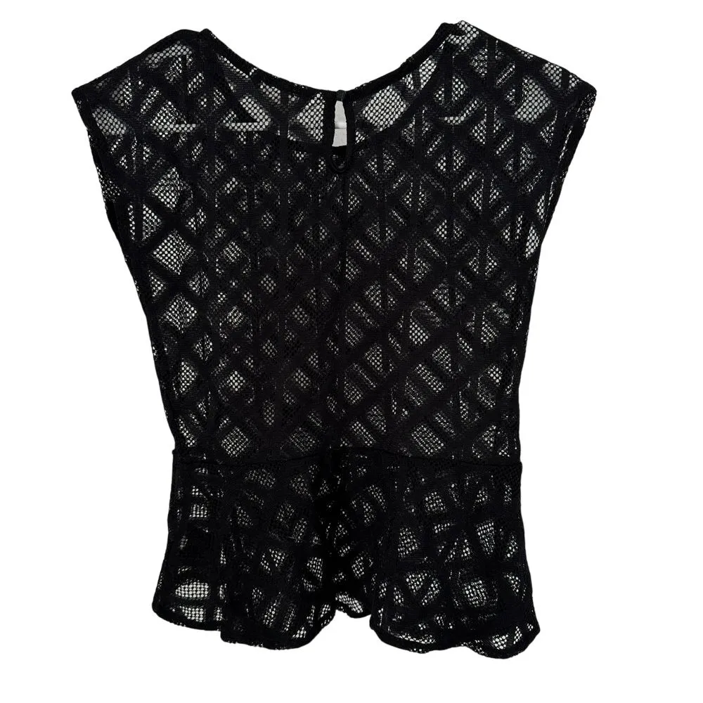 Sally Miller‎ Peplum Top Blouse Womens L Black Semi Sheer Out Goth Boho Coquette - Image 2