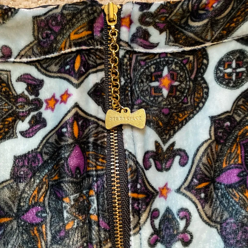 See By Chloe Chic Bohemian Patterned velvet short sleeve mini Dress blue black - Image 5