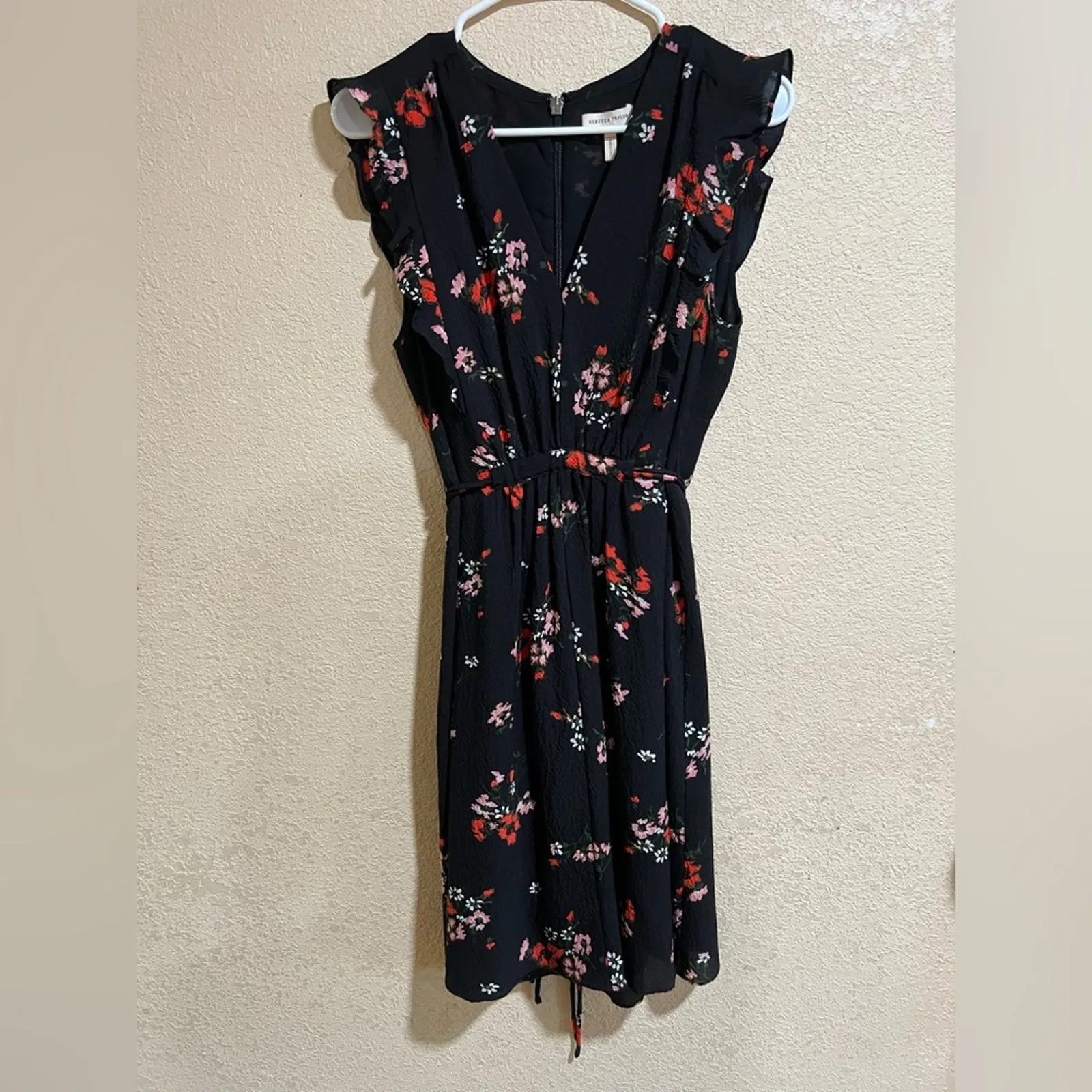 Rebecca Taylor black red floral ruffle v neckline silk dress 8 - Image 2