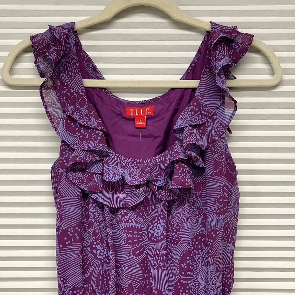 Elle NWT Purple Blue Aruba Floral Ruffle Belted Sleeveless Mini Dress Size Small - Image 2