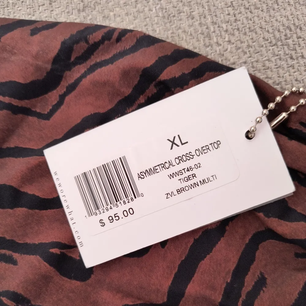 WeWoreWhat Brown Multi Tiger Stripe Asymmetrical Cross Over Bikini Swim Top XL - Image 4
