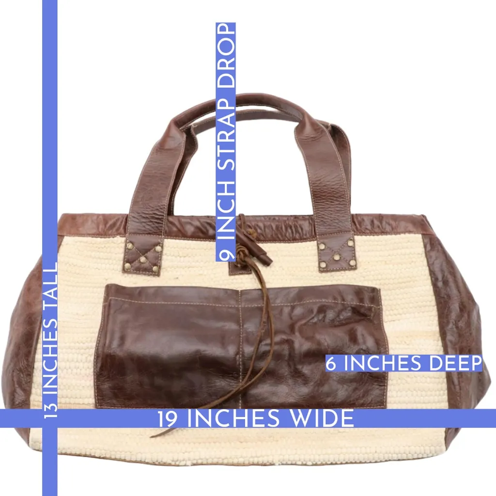 THREADS OF EVOLUTION "WANDERLUST" WEEKENDER BAG CREAM CHINDI RUG & BROWN LEATHER - Image 14