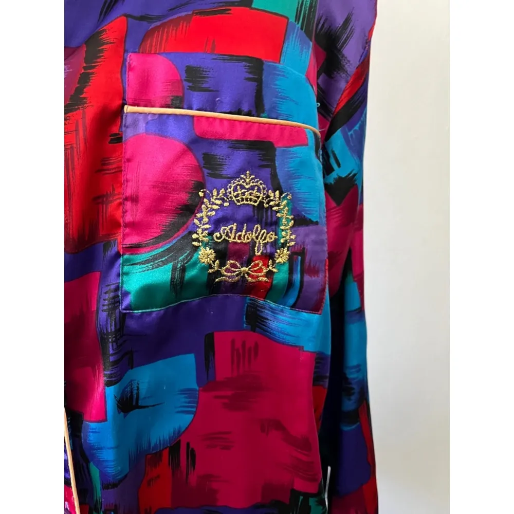 Adolfo 90s Multicolor purple pink swirl Satin sleepwear pajama shirt Dress Med - Image 2