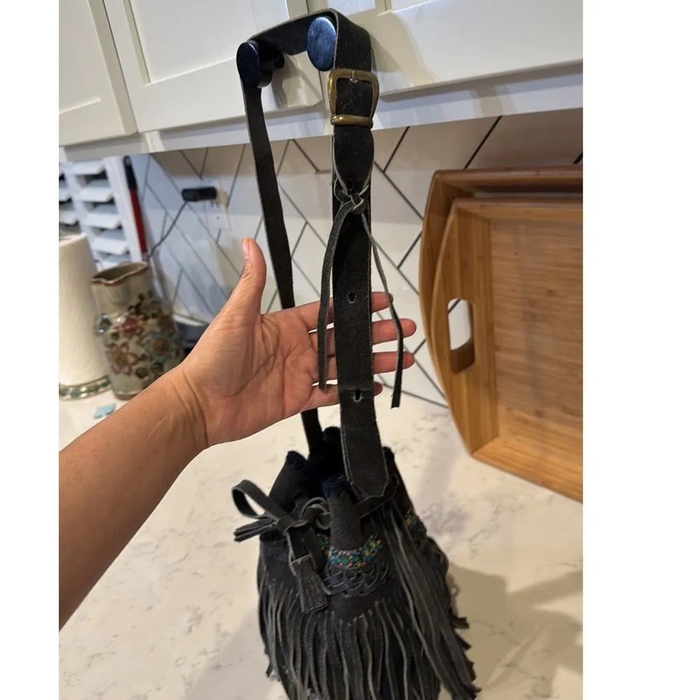 Columbian Arte Sano blue suede fringe bucket bag hippie western indigenous - Image 3